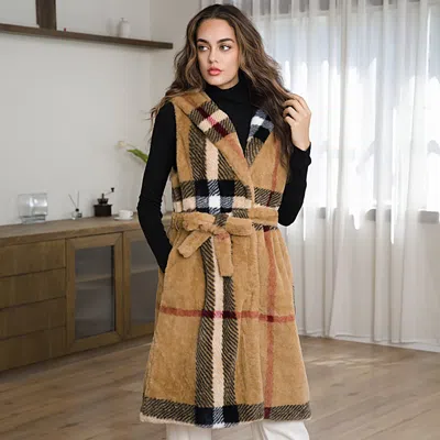 Truedames Sleeveless Faux Fur Plaid Pattern Belted Waist Long Vest In Neutral