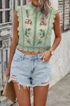 Truedames Sleeveless Floral Embroidery Guipure Lace Blouse In Green