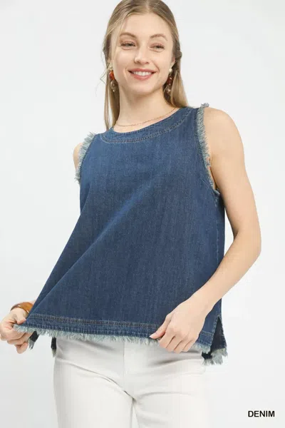 Truedames Sleeveless Fringe Hem Denim Top In Multi