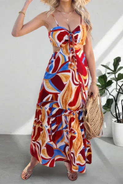 Truedames Sleeveless Front Knot Ruched Cut Out Long Dress In Multi