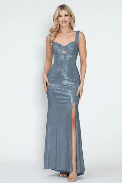 Truedames Sleeveless Glitter Knit Gown With Sweetheart Neckline Side Slit & Lace-up Back For Formal Events In Blue