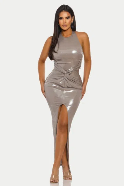 Truedames Sleeveless Glossy Midi Dress With Center Knot Detail In Gray
