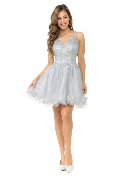 Truedames Sleeveless Illusion Neck Embroidered Short Dress With Tulle Skirt For Parties In Silver