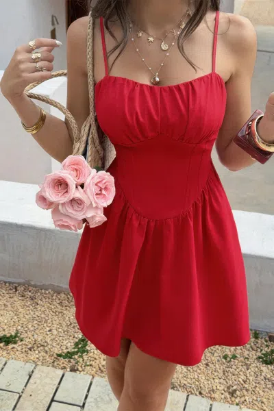 Truedames Sleeveless Lace Trim Corset Mini Dress In Red