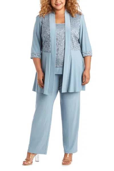 Truedames Sleeveless Laced Scoop Neckline Blouse Top Pleated Sequin Open Jacket Straight Leg Relaxed Trouser P In Blue