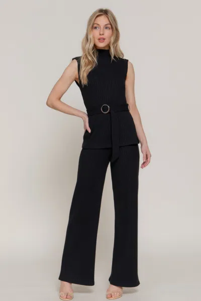 Truedames Sleeveless Mock Neck Waist Belt Rib Knit Top In Black
