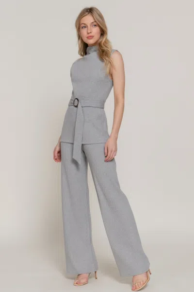 Truedames Sleeveless Mock Neck Waist Belt Rib Knit Top In Gray