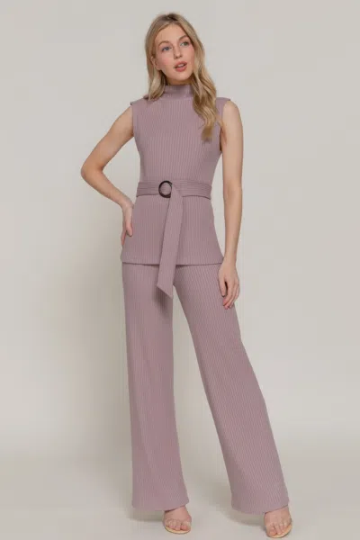 Truedames Sleeveless Mock Neck Waist Belt Rib Knit Top In Purple