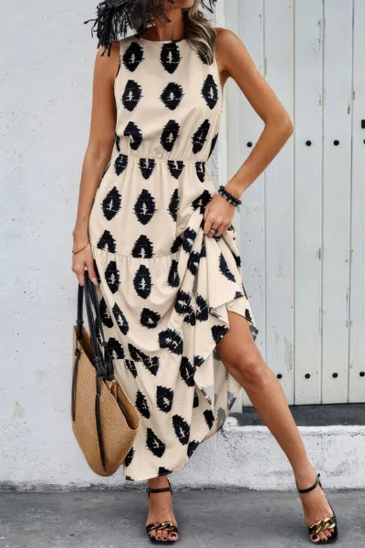Truedames Sleeveless Printed Elastic Waist Ruffle Full Dress In White