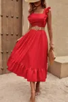 Truedames Sleeveless Ruffle Cross Open Back Knot Fit Dress In Red