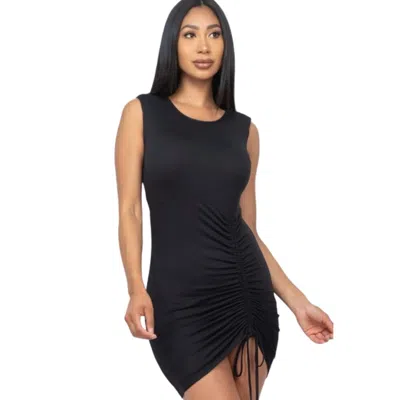 Truedames Sleeveless Shoulder Pad Drawstring Ruched Mini Dress In Black