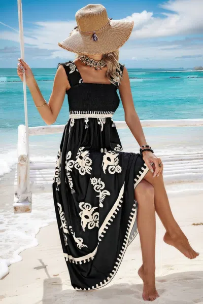 Truedames Sleeveless Square Neck A Line Smocked Shirred Dress In Black