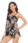 Truedames Sleeveless Strappy Floral Print Split Swimsuit Set In Black