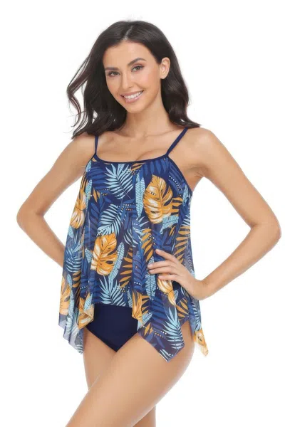 Truedames Sleeveless Strappy Floral Print Split Swimsuit Set In Blue