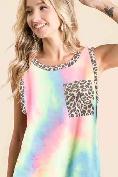 Truedames Sleeveless Tie Dye Top With Leopard Band In Multi