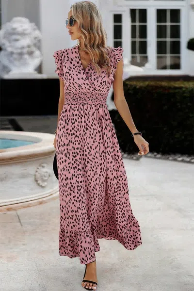 TRUEDAMES SLEEVELESS TIE WAIST SURPLICE WRAP LEOPARD DRESS