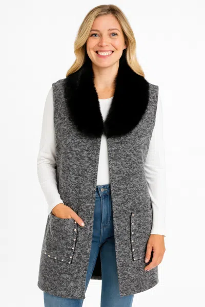 Truedames Sleeveless Wool-blend Vest With Faux Fur Collar In Grey