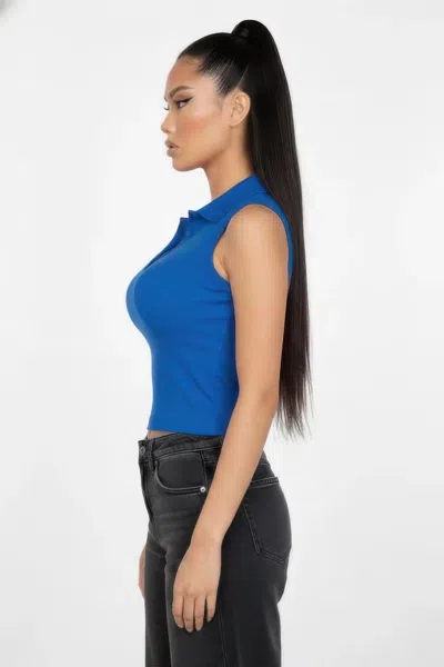 Truedames Slim-fit Sleeveless Polo Collar Crop Top In Blue