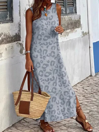 Truedames Slit Leopard Sleeveless Maxi Dress In Gray