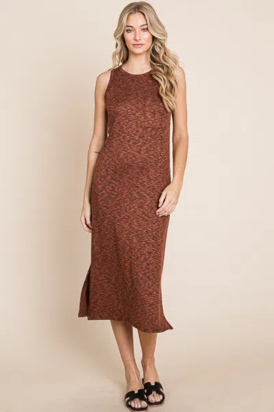 Truedames Slit Round Neck Sleeveless Midi Dress In Brown