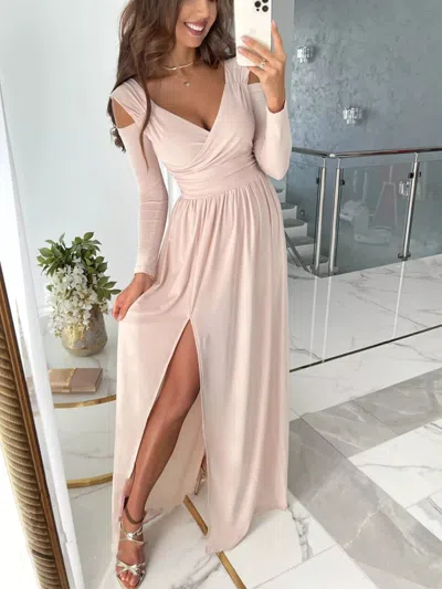 Truedames Slit Surplice Cold Shoulder Maxi Dress In Gold