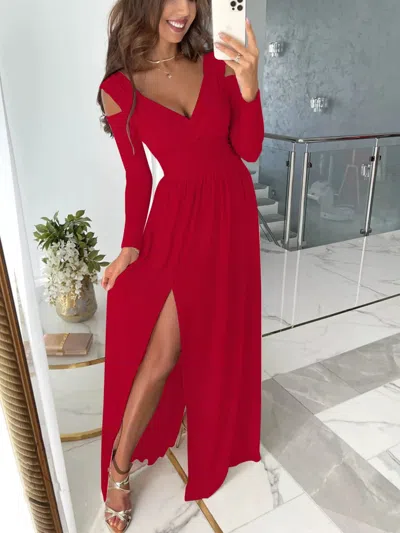 Truedames Slit Surplice Cold Shoulder Maxi Dress In Red