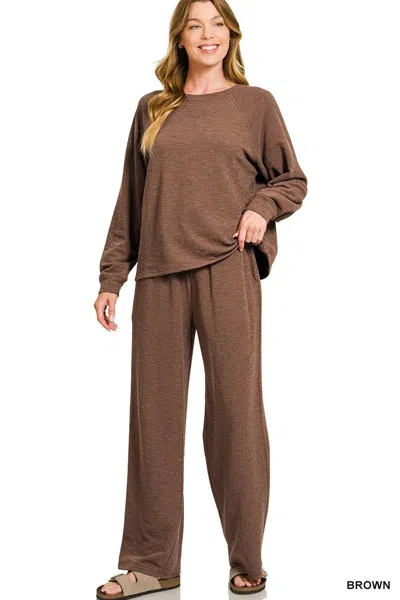 Truedames Slub Long Sleeve Top And Pants Lounge Set In Brown