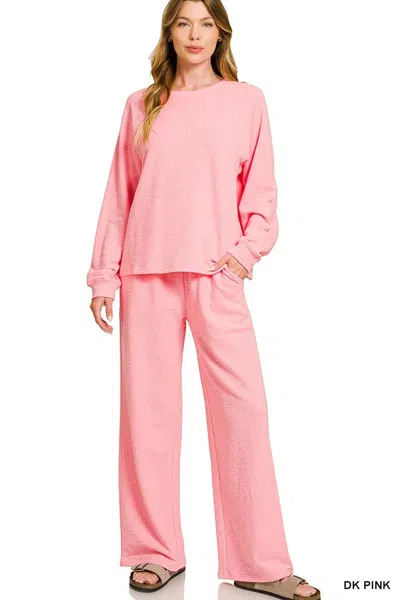 Truedames Slub Long Sleeve Top And Pants Lounge Set In Pink