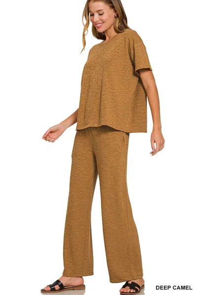 Truedames Slub Short Sleeve T-shirt And Pants Set In Brown