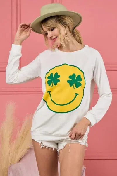 Truedames Smile Face Graphic Round Neck Long Sleeve Top In White