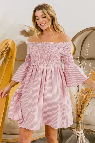 Truedames Smocked Off Shoulder Striped Dress In Blue