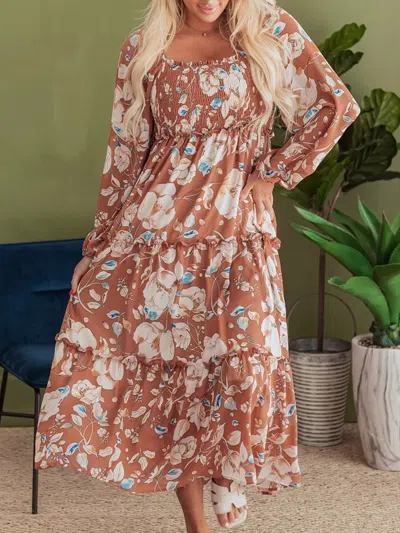 Truedames Smocked Printed Long Sleeve Tiered Dress In Purple