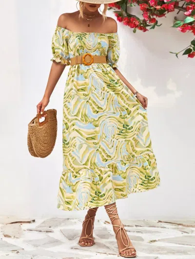 Truedames Smocked Printed Puff Sleeve Midi Dress In Green