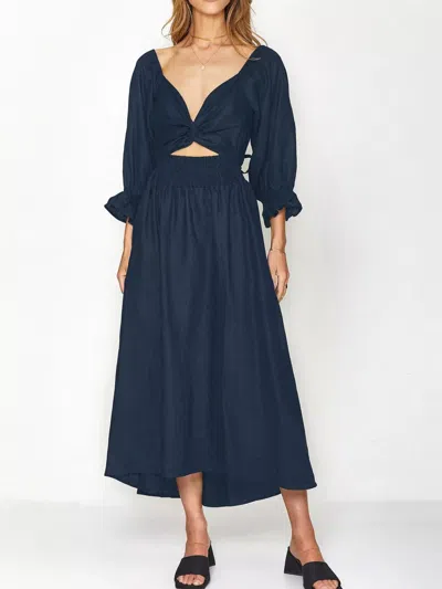 Truedames Smocked Puff Sleeves Midi Dress In Blue