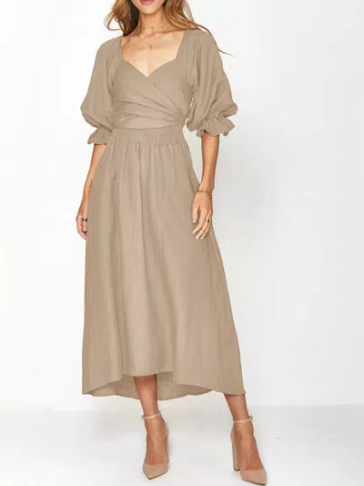 Truedames Smocked Puff Sleeves Midi Dress In Brown