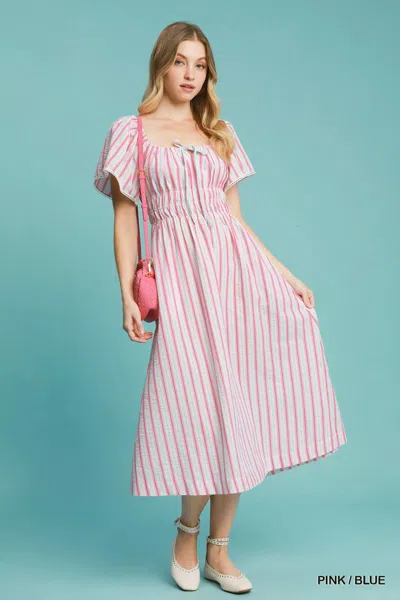 Truedames Smocked Striped Short Sleeve Midi Dress In Pink