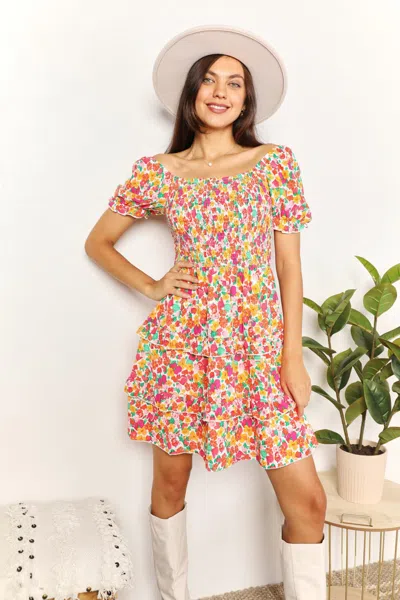 Truedames Smocked Sweetheart Neck Flounce Sleeve Mini Dress In Multi