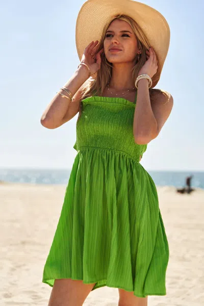 Truedames Smocking Halter Neck Tie Open Back Mini Dress In Green