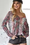 Truedames Snakeskin Print Low Gauge Hacci V Neck Top In Multi