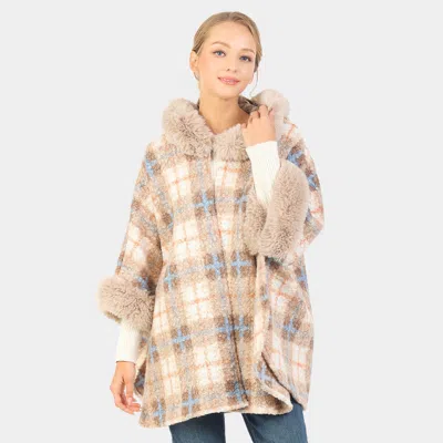Truedames Soft Checker Pattern Hoodie Cape With Faux Fur In Beige