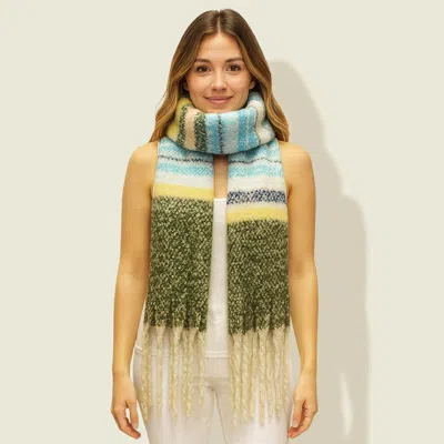Truedames Soft Fuzzy Oversized Striped Fringe Scarf In Green