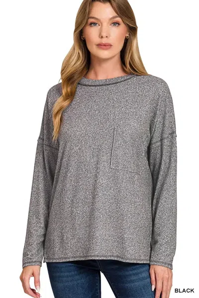Truedames Soft Melange Hacci Round-neck Long Sleeve T-shirt In Black