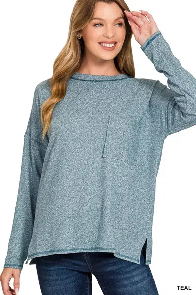 Truedames Soft Melange Hacci Round-neck Long Sleeve T-shirt In Blue