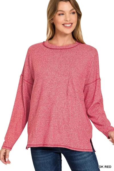 Truedames Soft Melange Hacci Round-neck Long Sleeve T-shirt In Pink