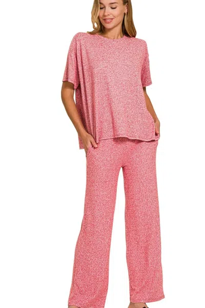 Truedames Soft Melange Short Sleeve Tee & Long Pants Set In Pink