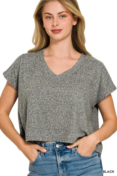Truedames Soft Melange V-neck Drop Shoulder Cropped Top In Black
