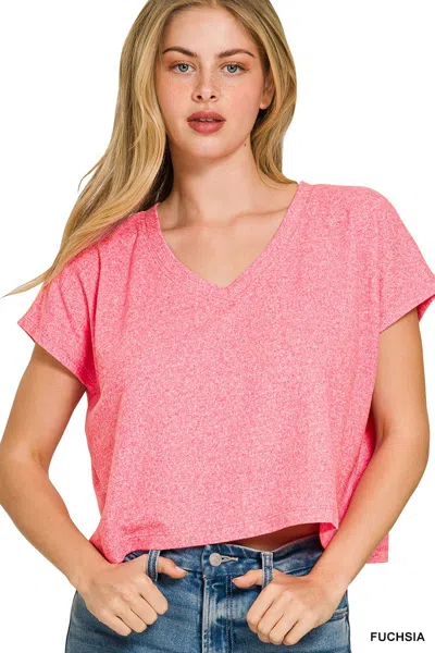 Truedames Soft Melange V-neck Drop Shoulder Cropped Top In Pink