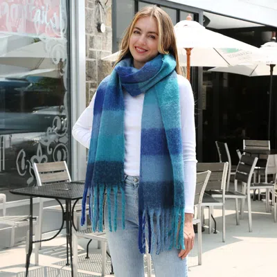 Truedames Soft Plaid Oblong Fringe Long Scarf In Blue