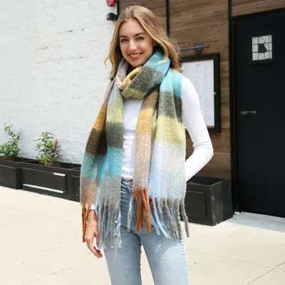Truedames Soft Plaid Oblong Fringe Long Scarf In Green