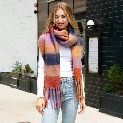 Truedames Soft Plaid Oblong Fringe Long Scarf In Multi